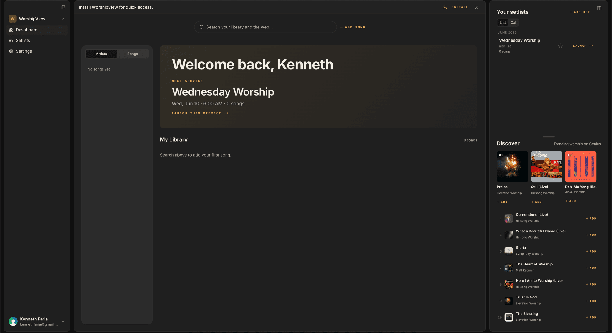 WorshipView dashboard — your song library, next service, and setlists in one place.